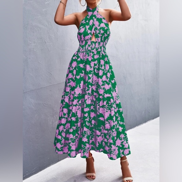 Floral Halter Maxi Dress Green Pink Tiered Vacay Cruise Ruffle Shirred Resort XL - Picture 4 of 10